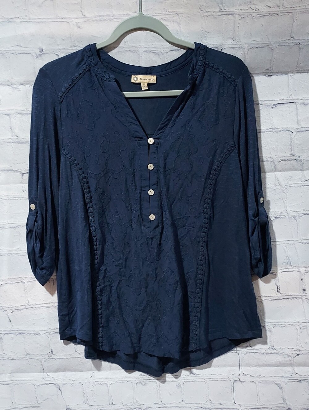 Democracy Womens Small Navy Roll Tab Sleeve Top